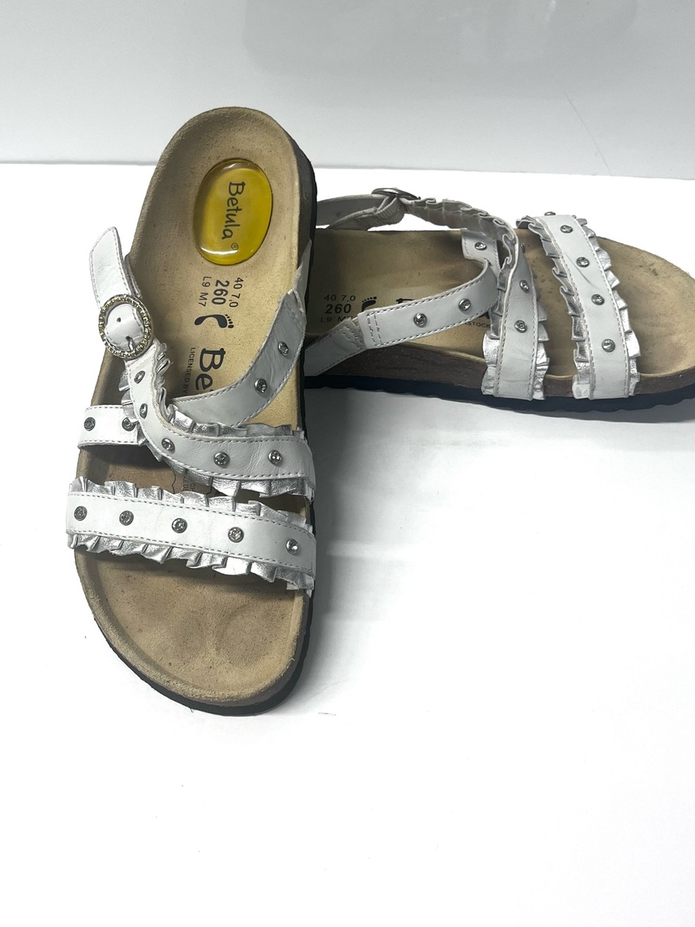 Birkenstock Betula White Leather Slide Sandals Size 9 Rhinestone Jeweled Boho